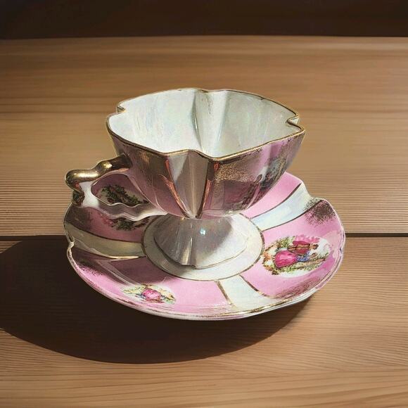 Lefton China Vtg Victoriana Pedestal Teacup Saucer Gold Trim Hand Painted #20336 - Picture 3 of 9